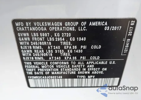 2018 Volkswagen Atlas 3.6L V6 Sel из США, поврежденный, VIN 1V2MR2CA3JC502149